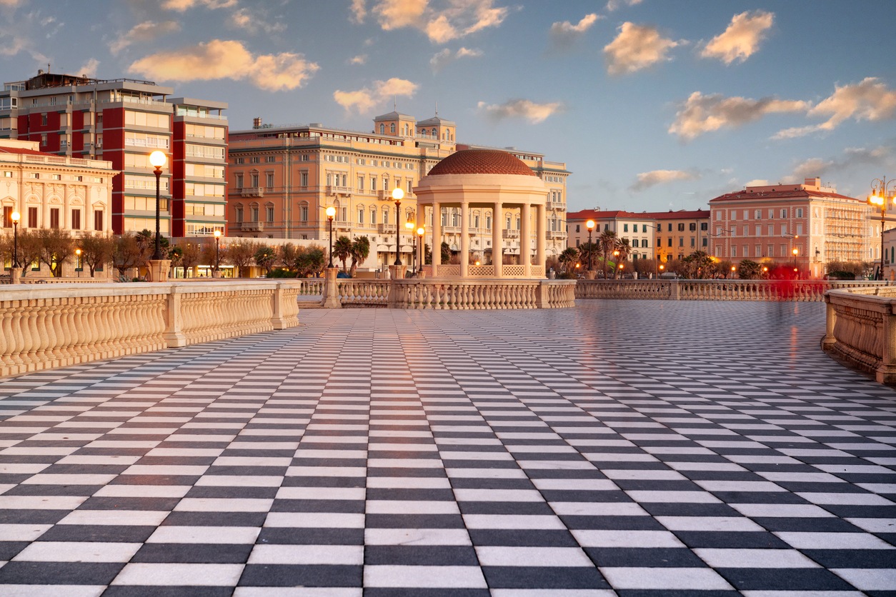 Terrazza Mascagni in Livorno, Italy at sunset.